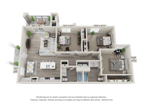 Floor plan for 3 beds, 2 baths, 1279 sqft